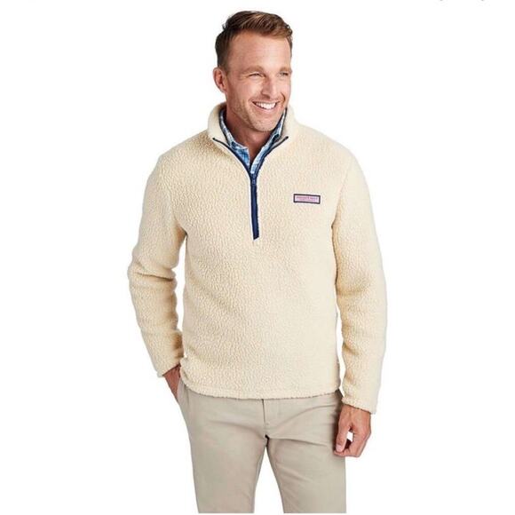 Vineyard Vines Camel Heritage Sherpa 1/2 Zip Pullover Sweater Men's Size Large - Picture 1 of 9